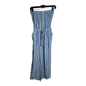 Blue Island Blue and White Striped Strapless Jumpsuit Button Front Detail Small